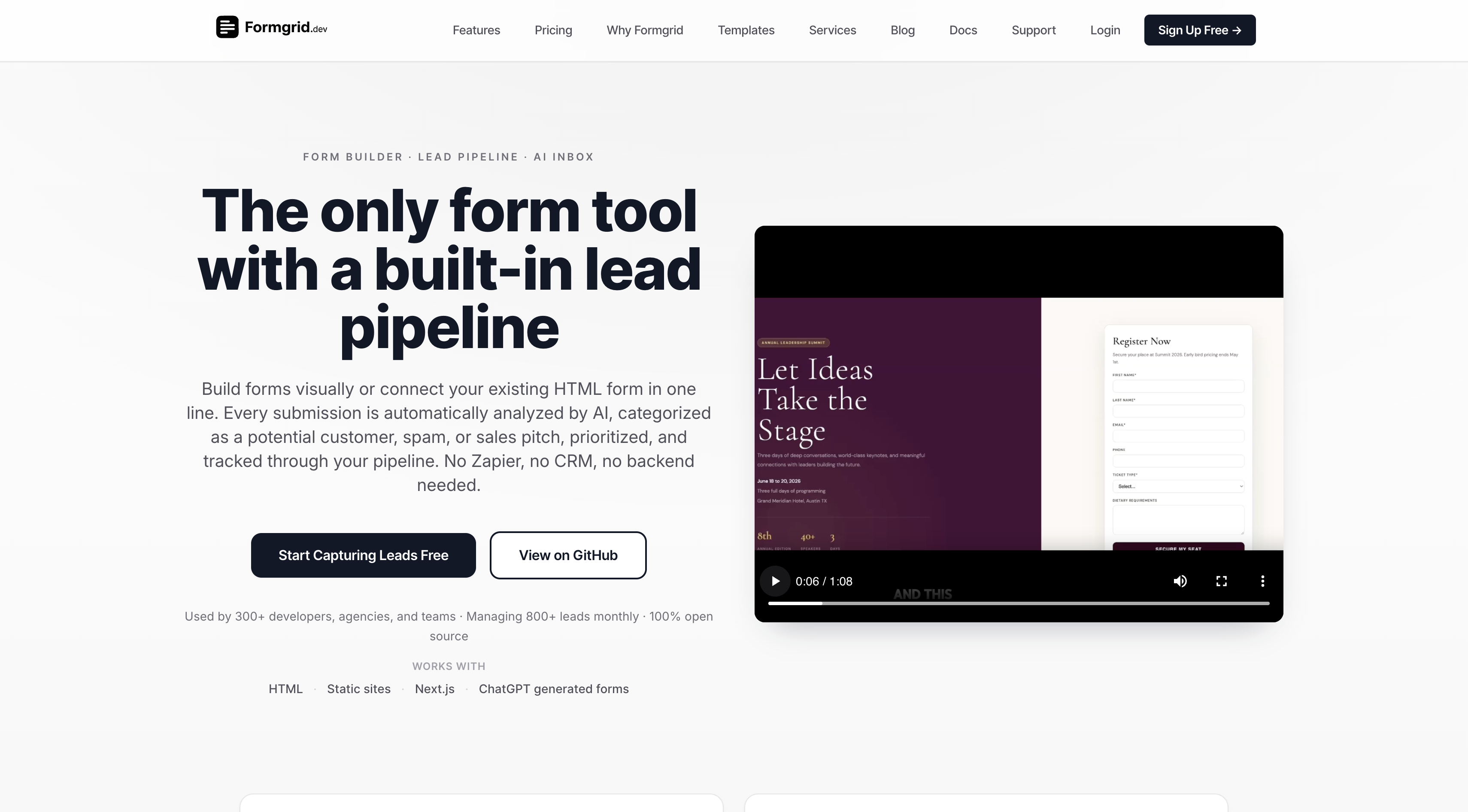 Formgrid landing page with hero, demo video, and lead capture CTAs