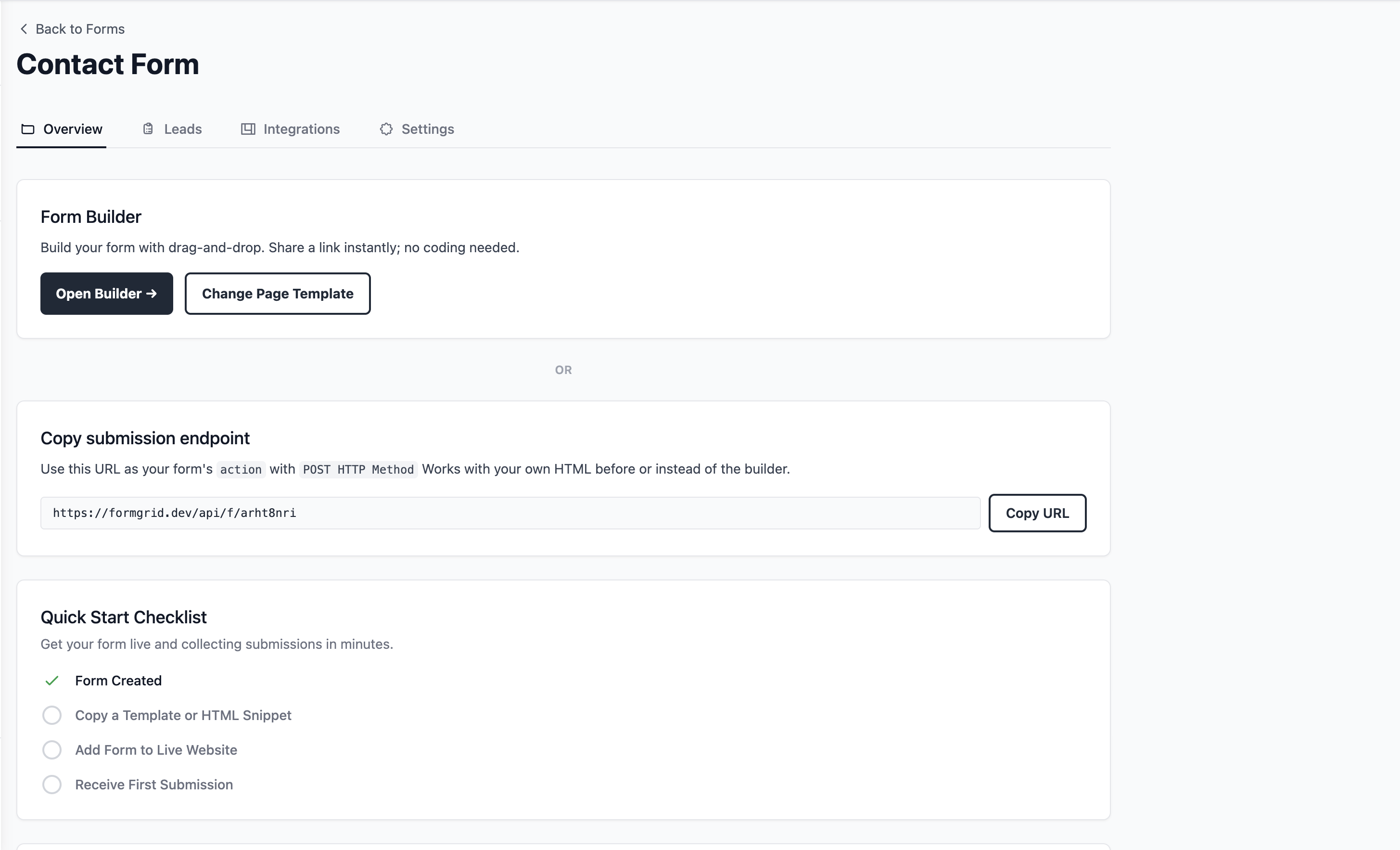 Formgrid form overview with builder access, submission endpoint, and quick start checklist