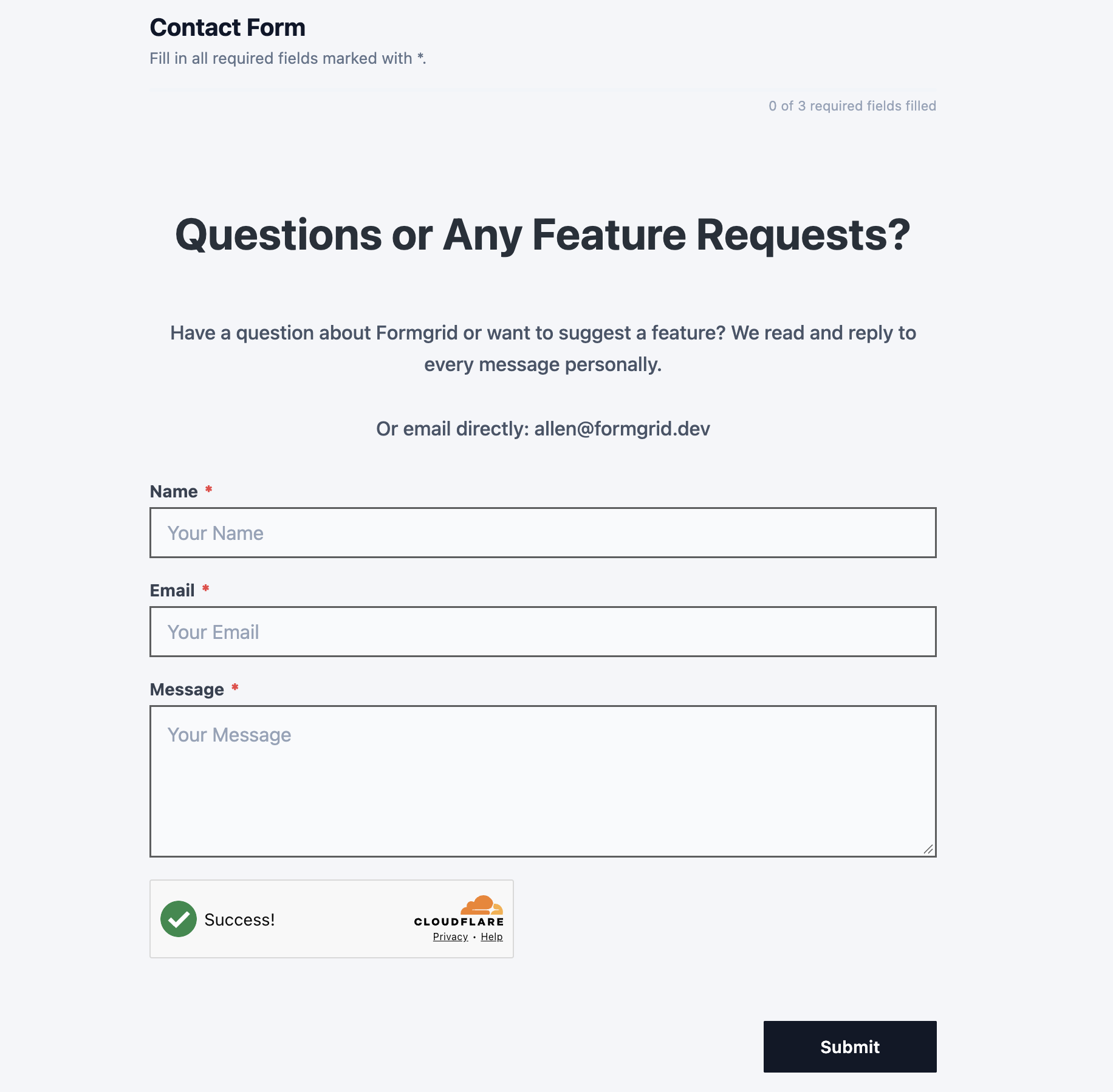 Formgrid hosted contact form for questions and feature requests