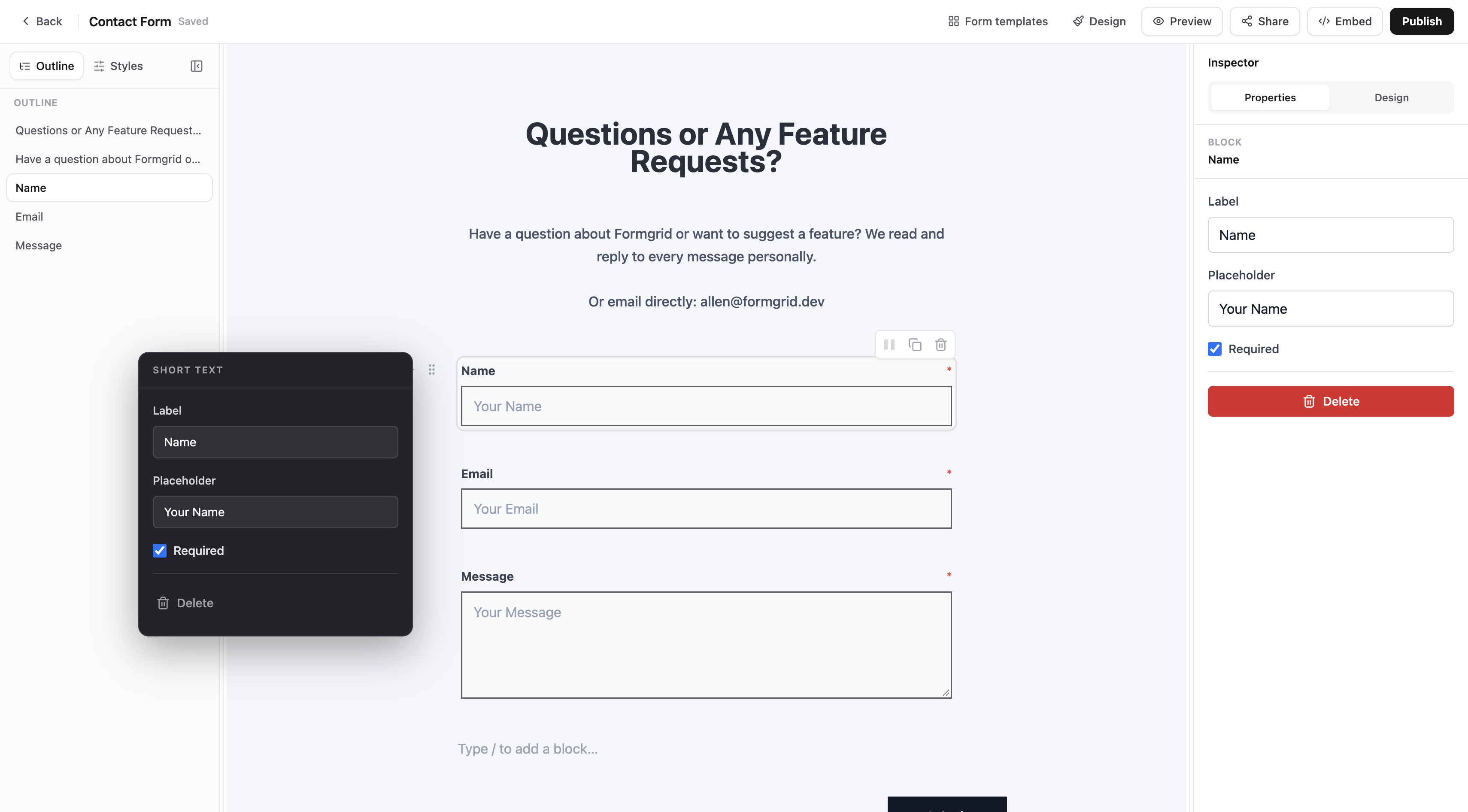 Formgrid form builder with Name field selected and short text properties
