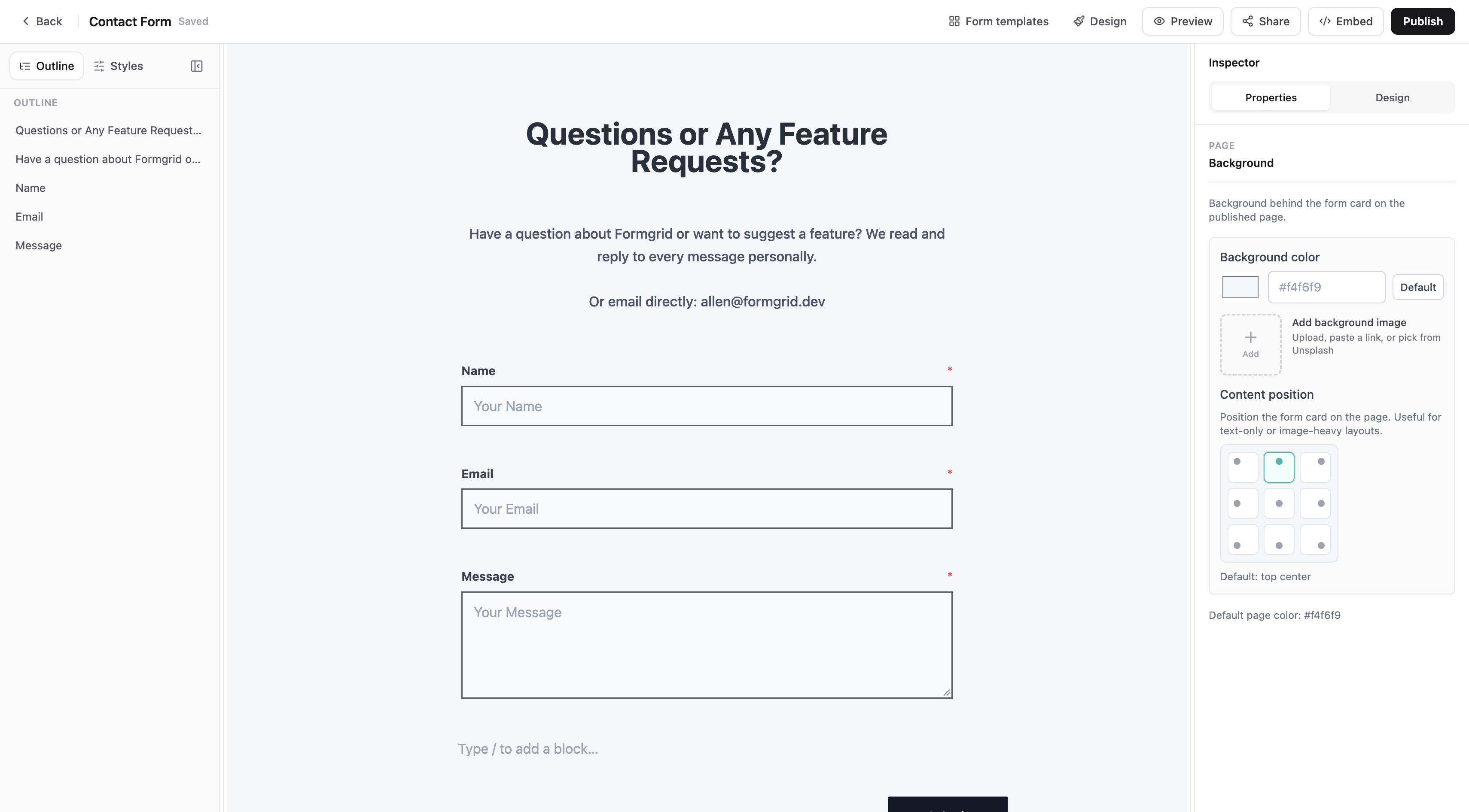 Formgrid form builder showing page design inspector and content position controls