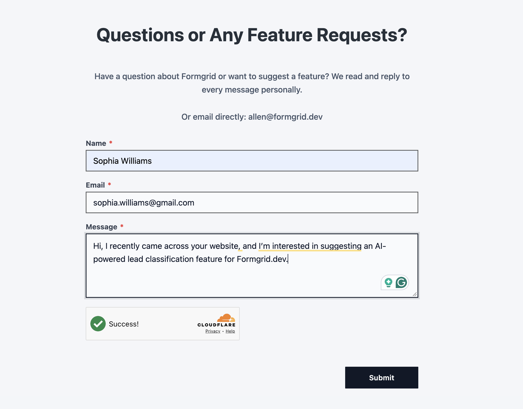 Formgrid contact form filled in with a successful Cloudflare Turnstile check