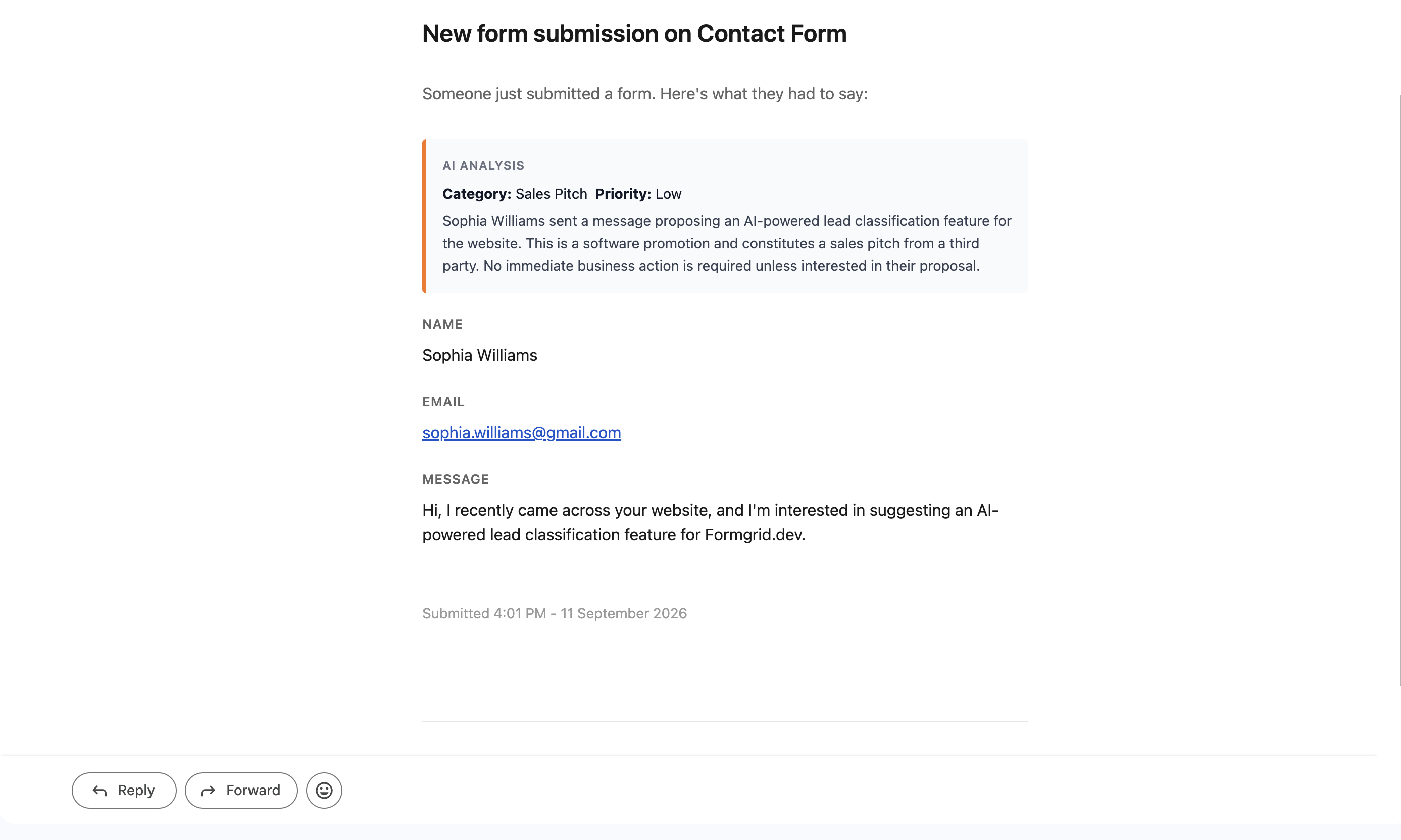 Formgrid AI analysis email for a new Contact Form submission